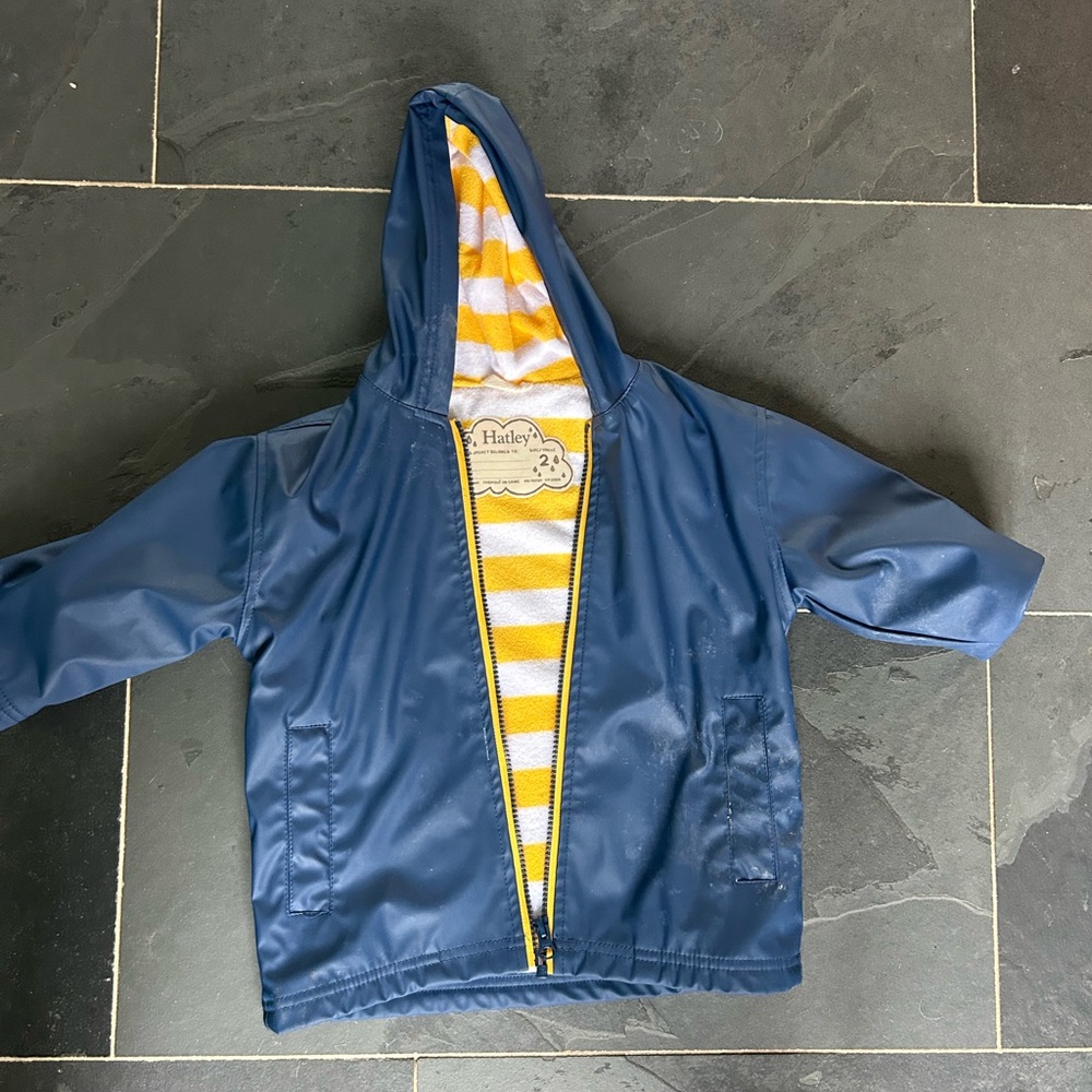 Hatley Navy rain Jacket with Yellow and White Stripes
